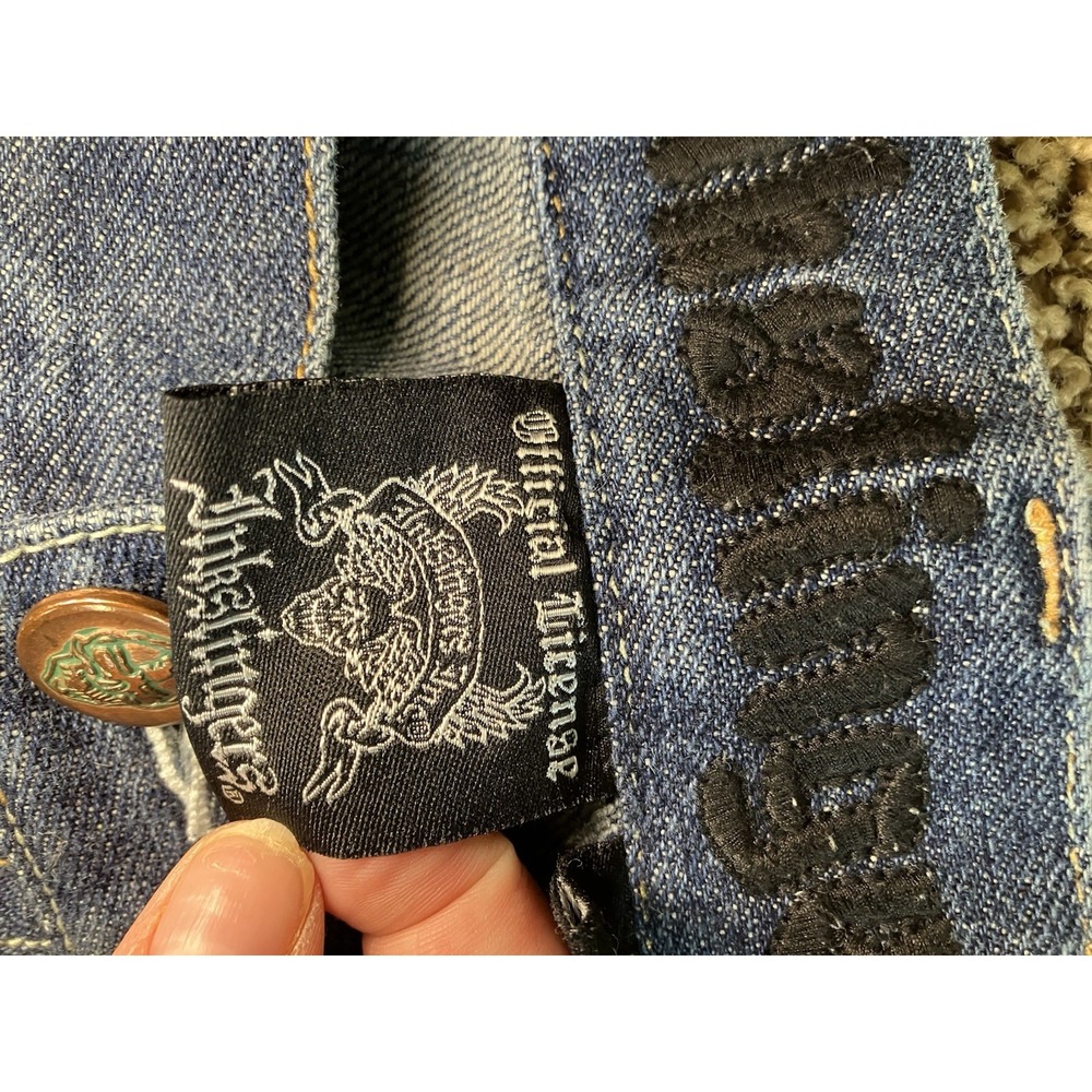 Y2K Mens Inkslinger Grunge Denim Baggy Skater Jeans Embroidered Details Sz 44x33 - Picture 9 of 12
